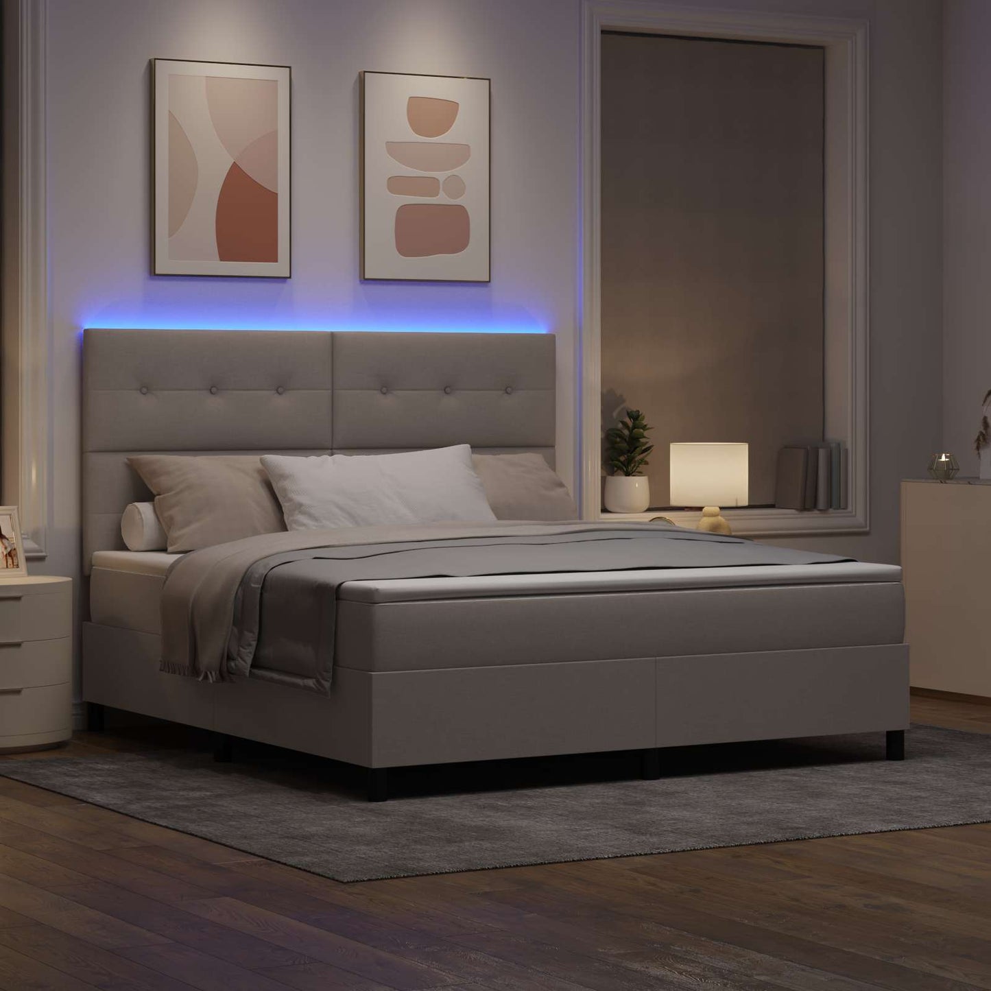 Boxrugós ágy LED szalagokkal Tópszínű 180 x 200 cm szövet
