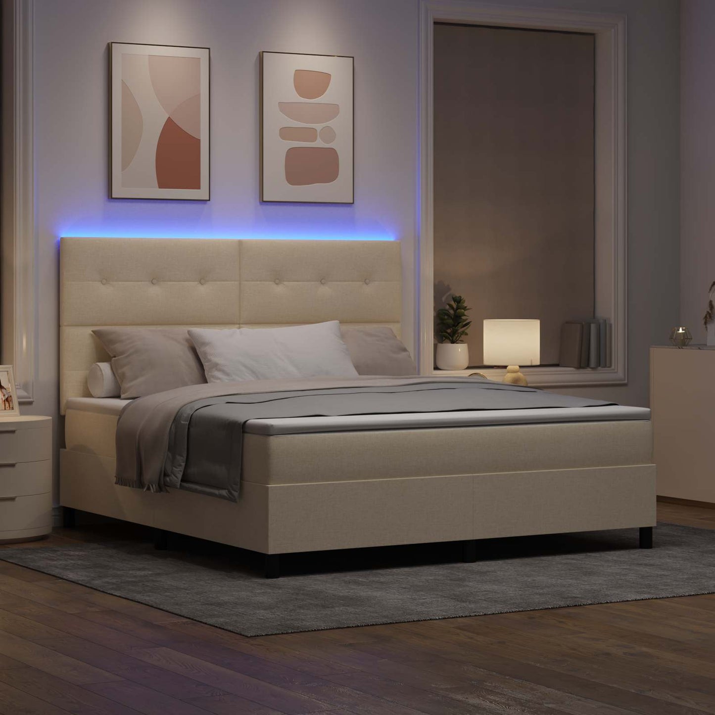 Boxrugós ágy LED szalagokkal Krém 180 x 200 cm szövet