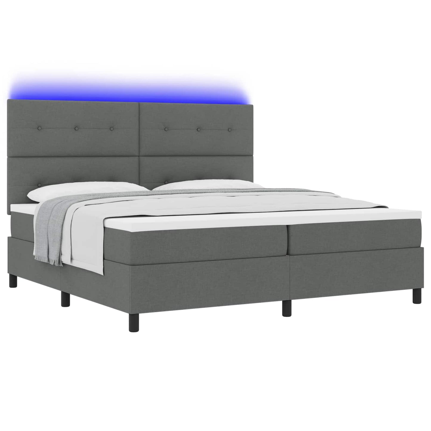 Boxrugós ágy LED szalagokkal Sötétszürke 200 x 200 cm szövet