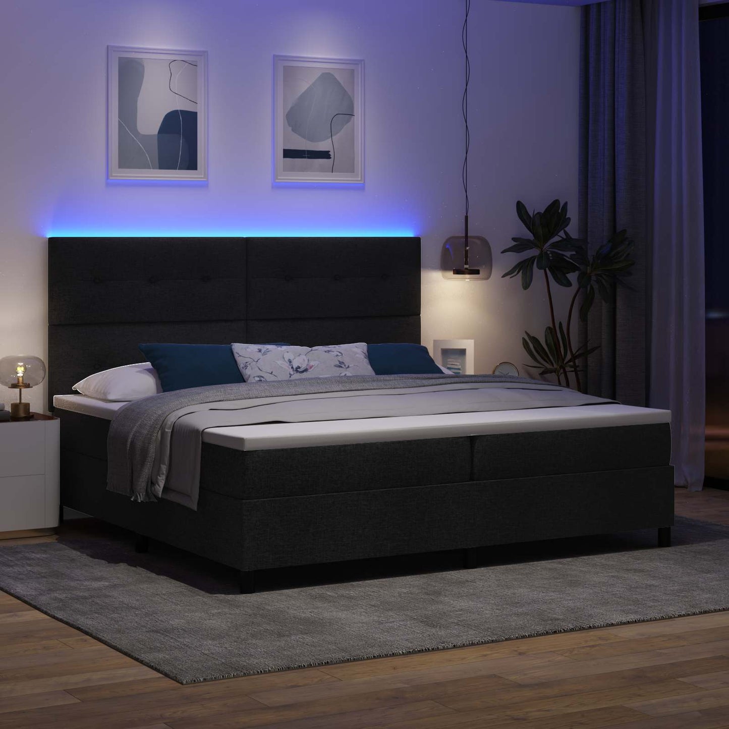 Boxrugós ágy LED szalagokkal Fekete 200 x 200 cm szövet