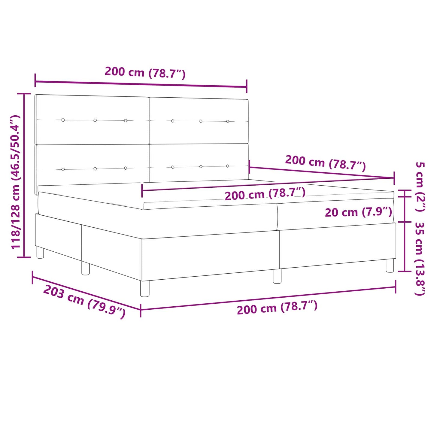 Boxrugós ágy LED szalagokkal Fekete 200 x 200 cm szövet