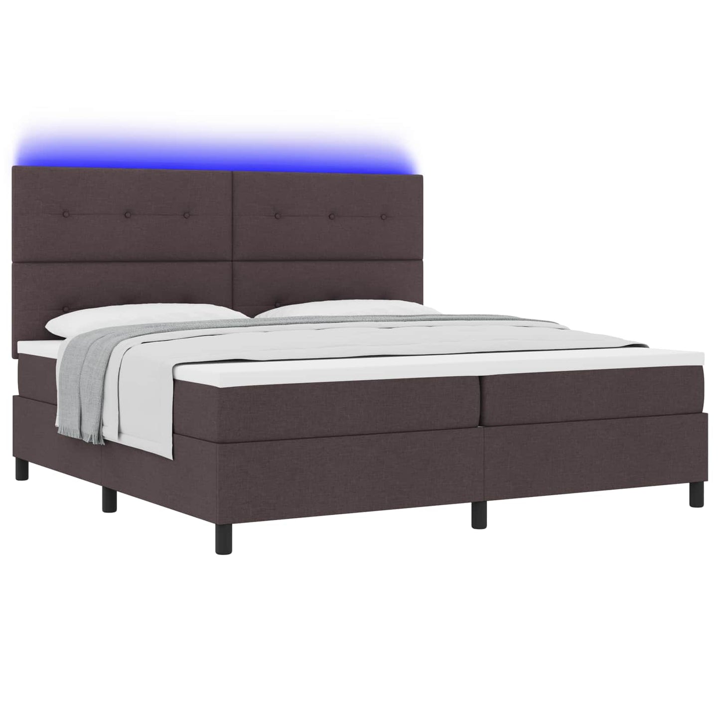 Boxrugós ágy LED szalagokkal sötétbarna 200 x 200 cm szövet