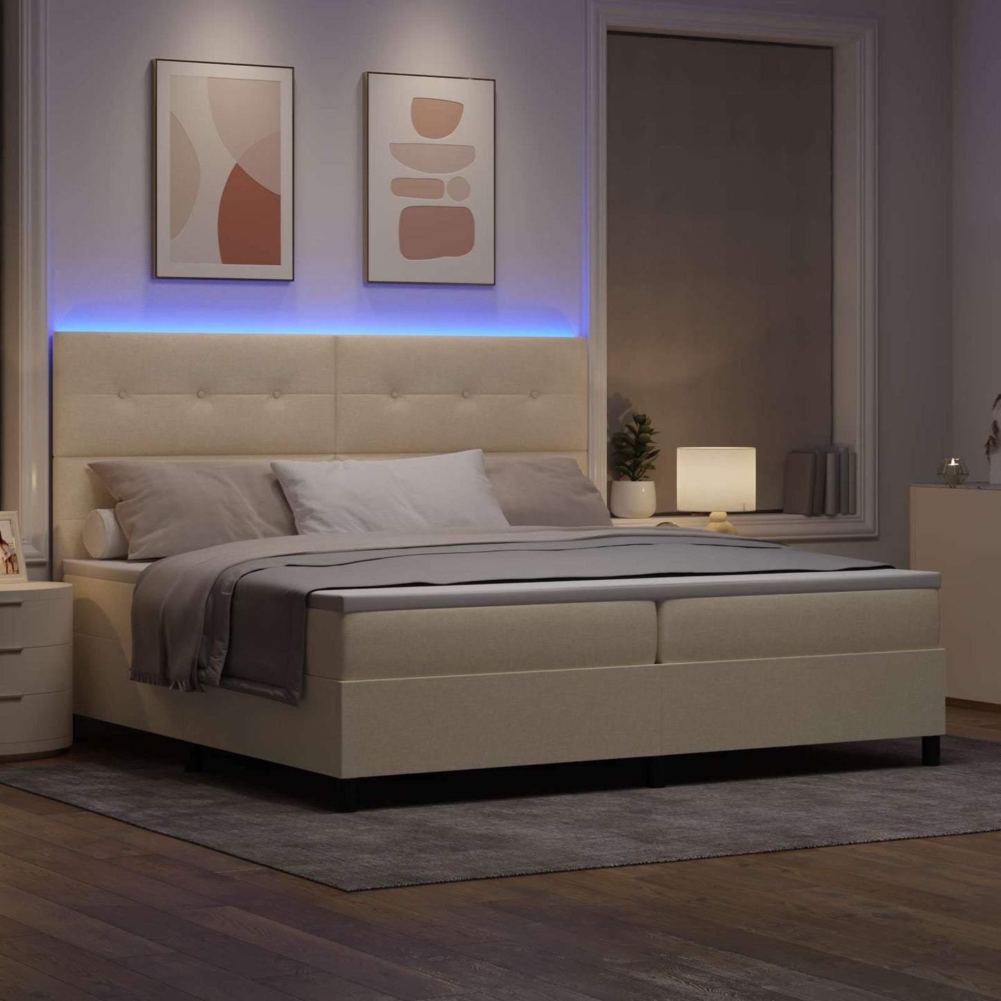 Boxrugós ágy LED szalagokkal Krém 200 x 200 cm szövet