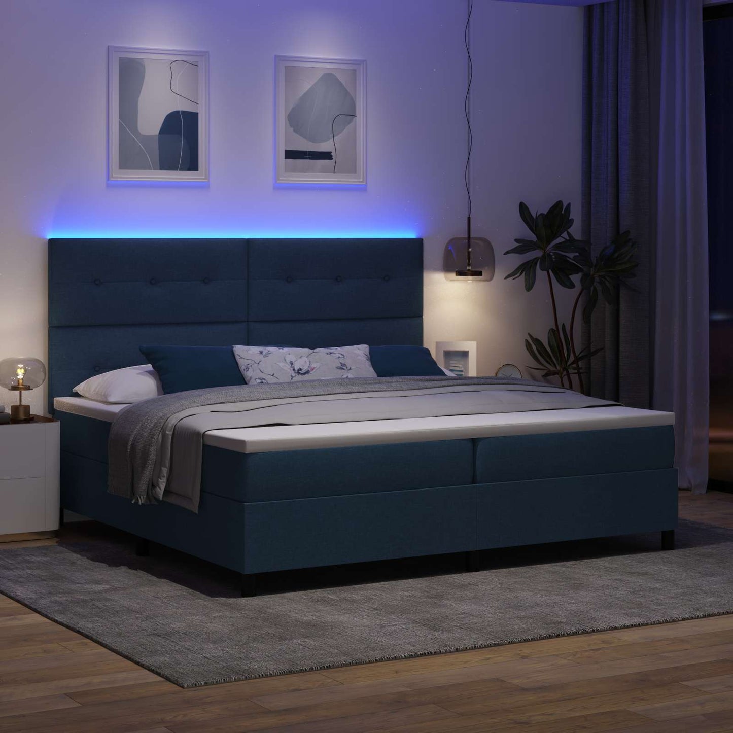 Boxrugós ágy LED szalagokkal Kék 200 x 200 cm szövet