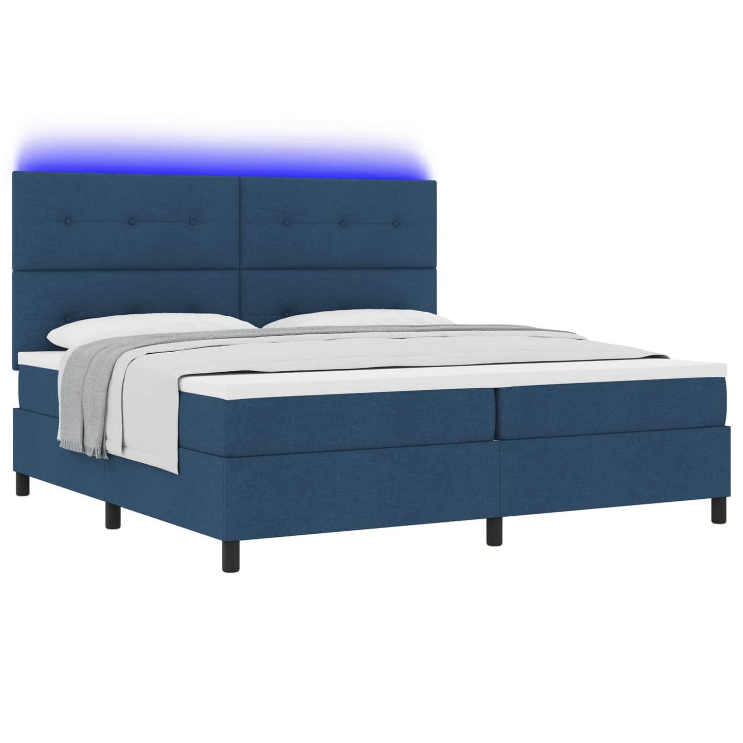 Boxrugós ágy LED szalagokkal Kék 200 x 200 cm szövet