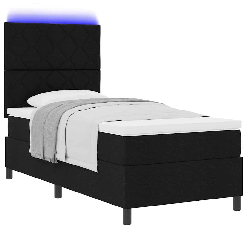 Boxrugós ágy LED szalagokkal Fekete 90 x 190 cm szövet