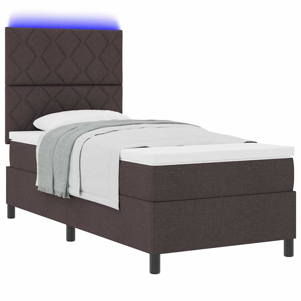 Boxrugós ágy LED szalagokkal sötétbarna 90 x 190 cm szövet
