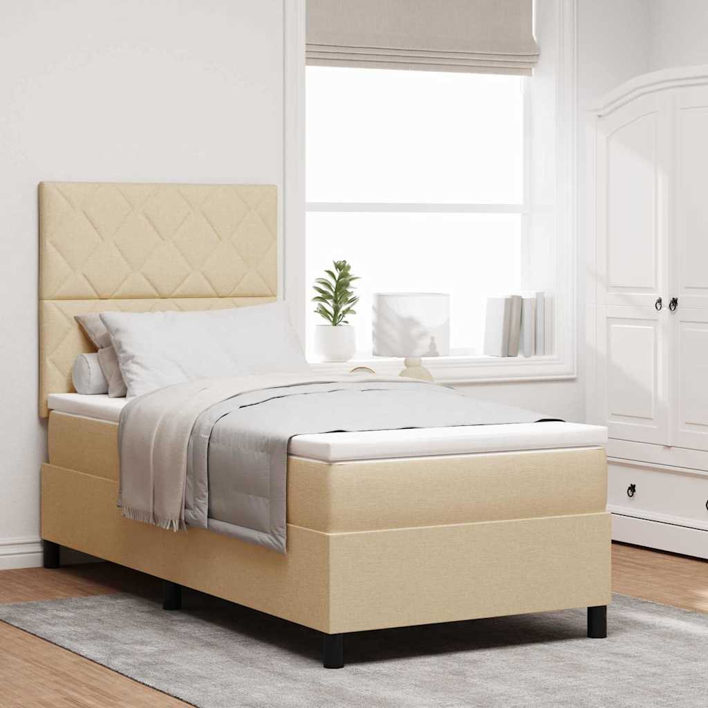 Boxrugós ágy LED szalagokkal Krém 90 x 190 cm szövet