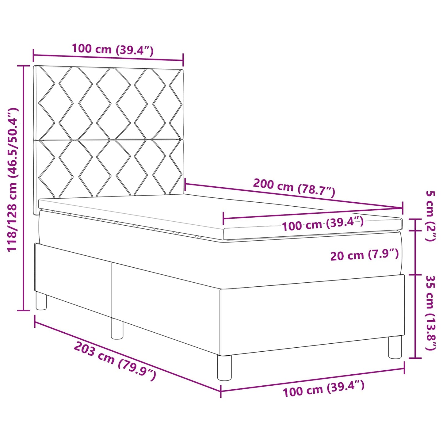 Boxrugós ágy LED szalagokkal Kék 100 x 200 cm szövet