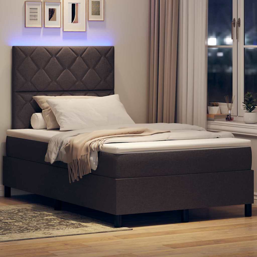 Boxrugós ágy LED szalagokkal sötétbarna 120 x 190 cm szövet
