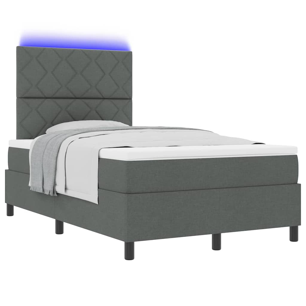 Boxrugós ágy LED szalagokkal Sötétszürke 120 x 200 cm szövet