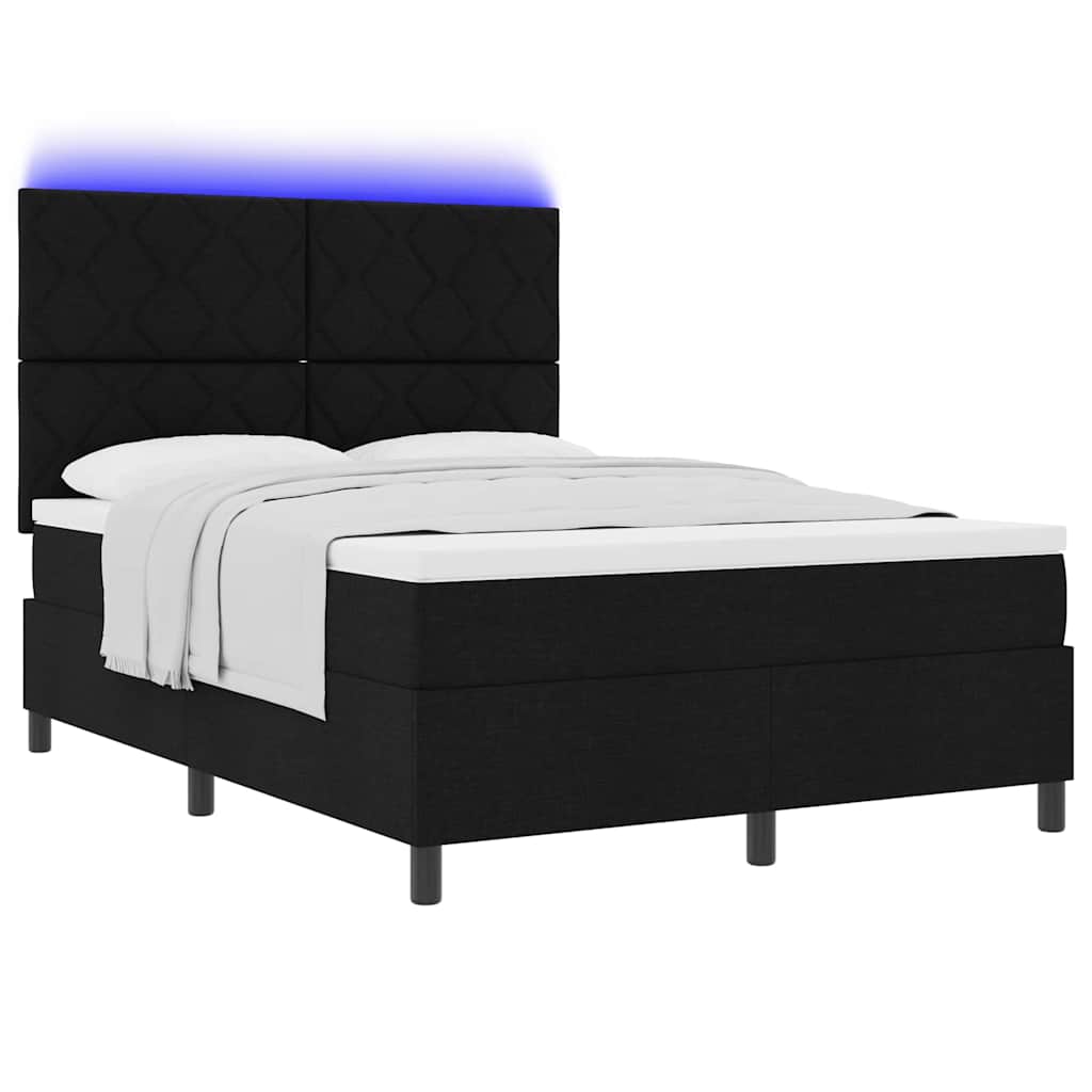 Boxrugós ágy LED szalagokkal Fekete 140 x 190 cm szövet