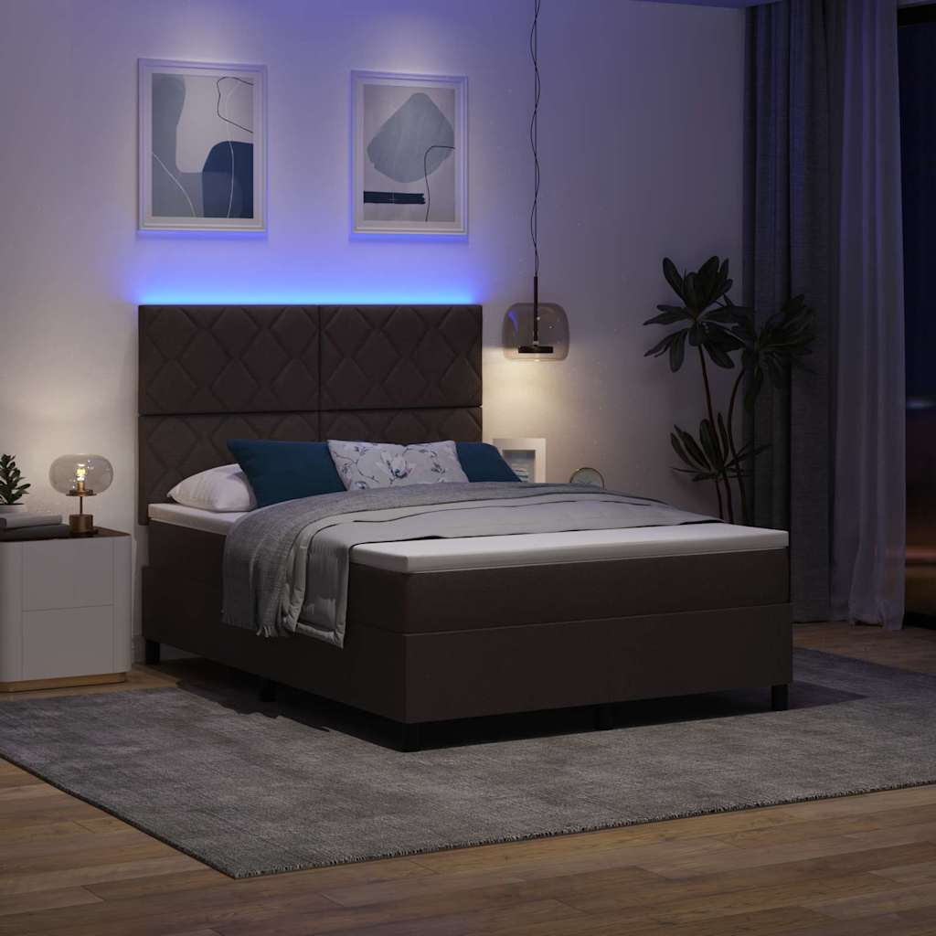 Boxrugós ágy LED szalagokkal sötétbarna 140 x 190 cm szövet