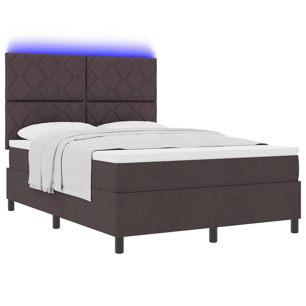 Boxrugós ágy LED szalagokkal sötétbarna 140 x 190 cm szövet