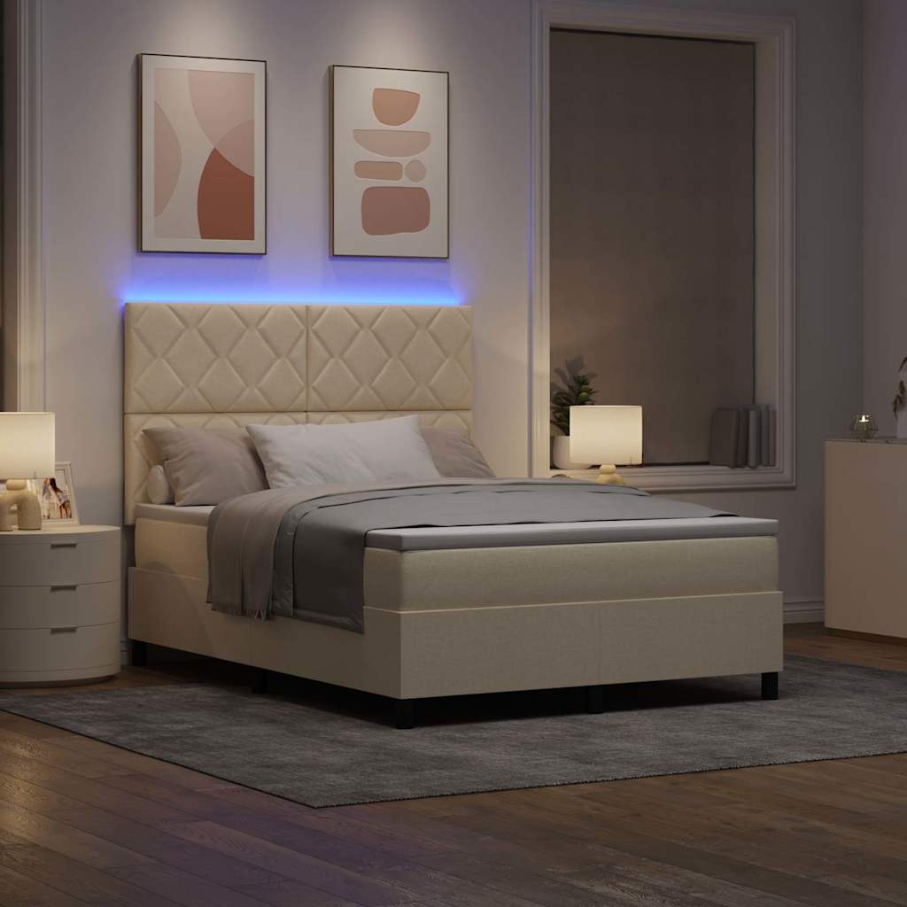 Boxrugós ágy LED szalagokkal Krém 140 x 190 cm szövet