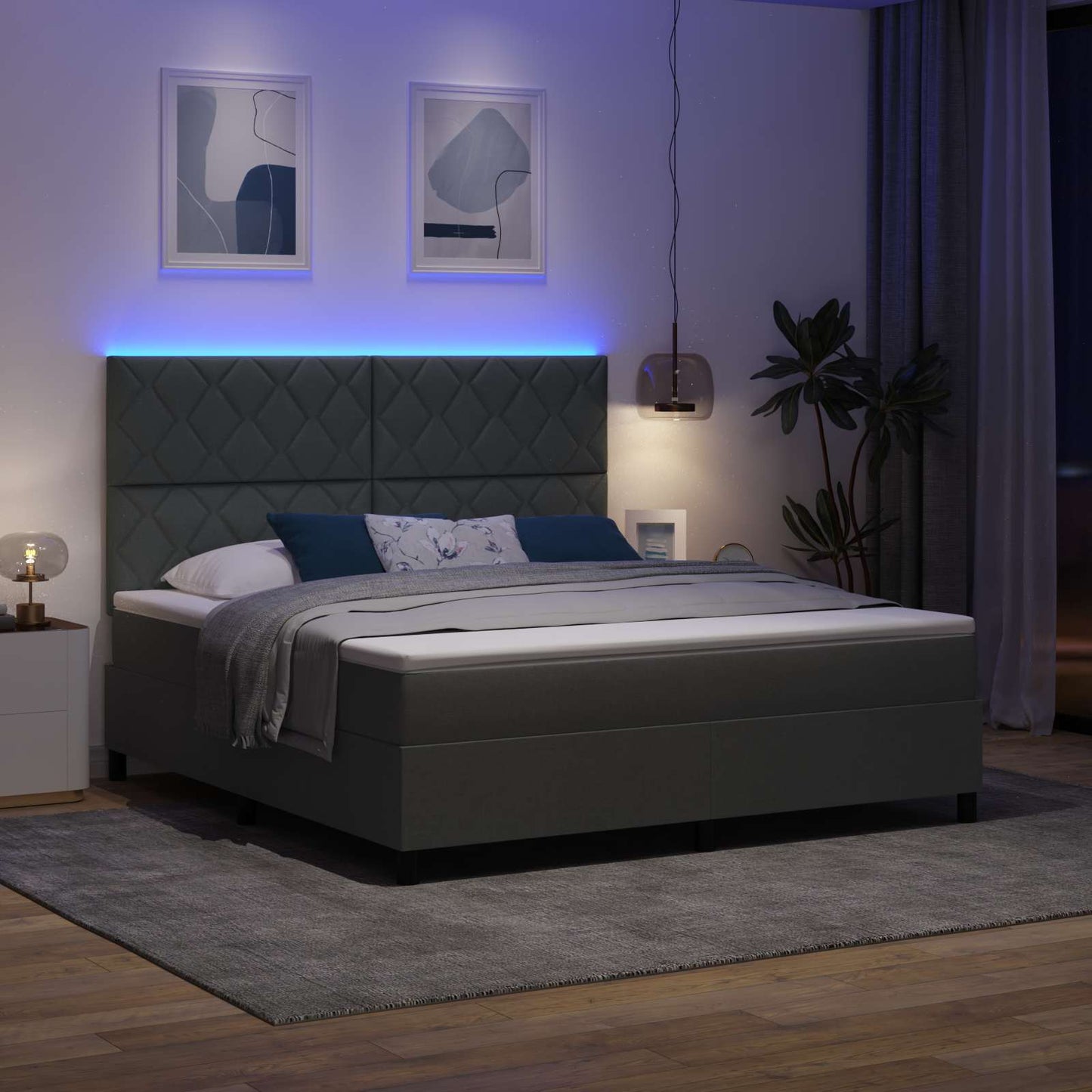Boxrugós ágy LED szalagokkal Sötétszürke 180 x 200 cm szövet
