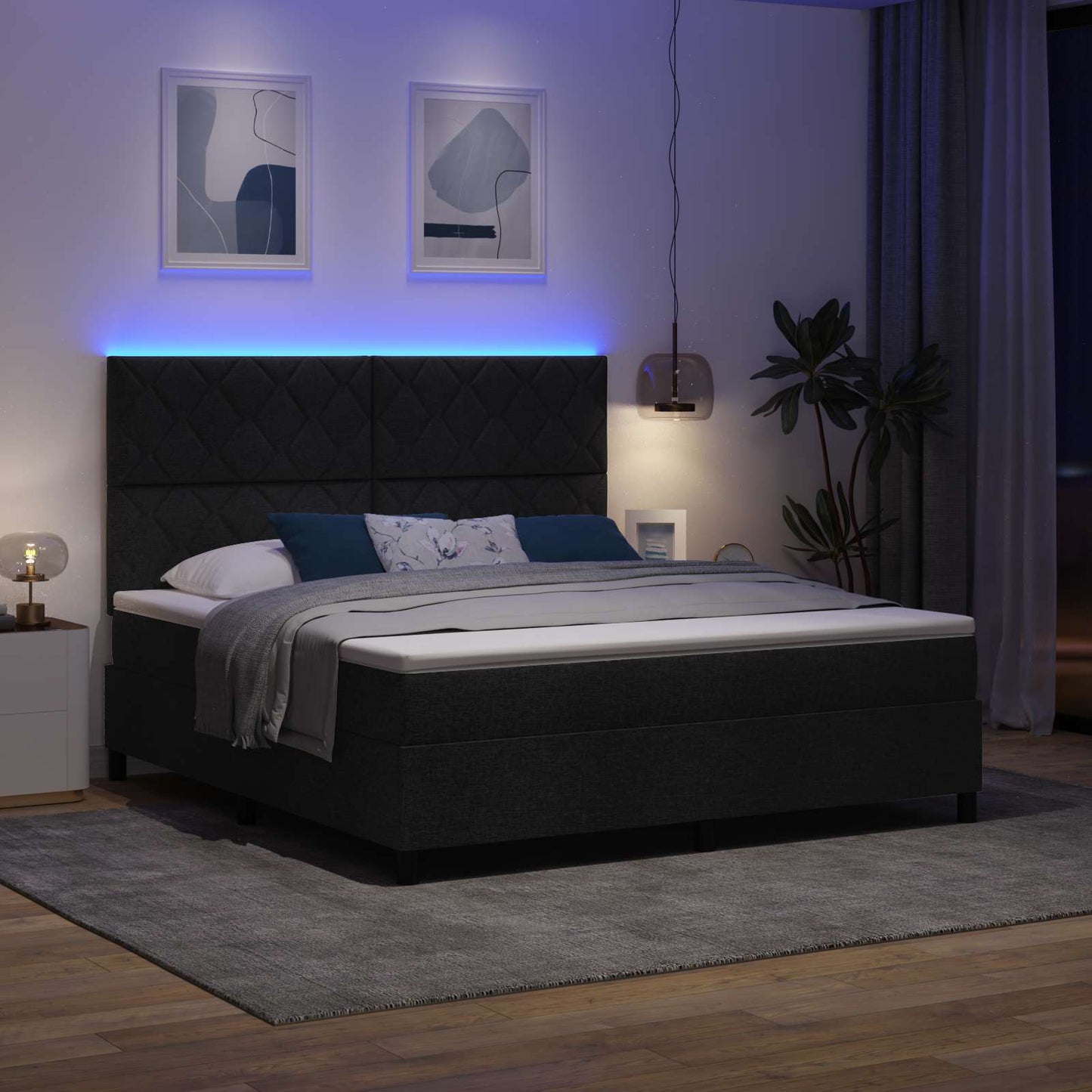Boxrugós ágy LED szalagokkal Fekete 180 x 200 cm szövet