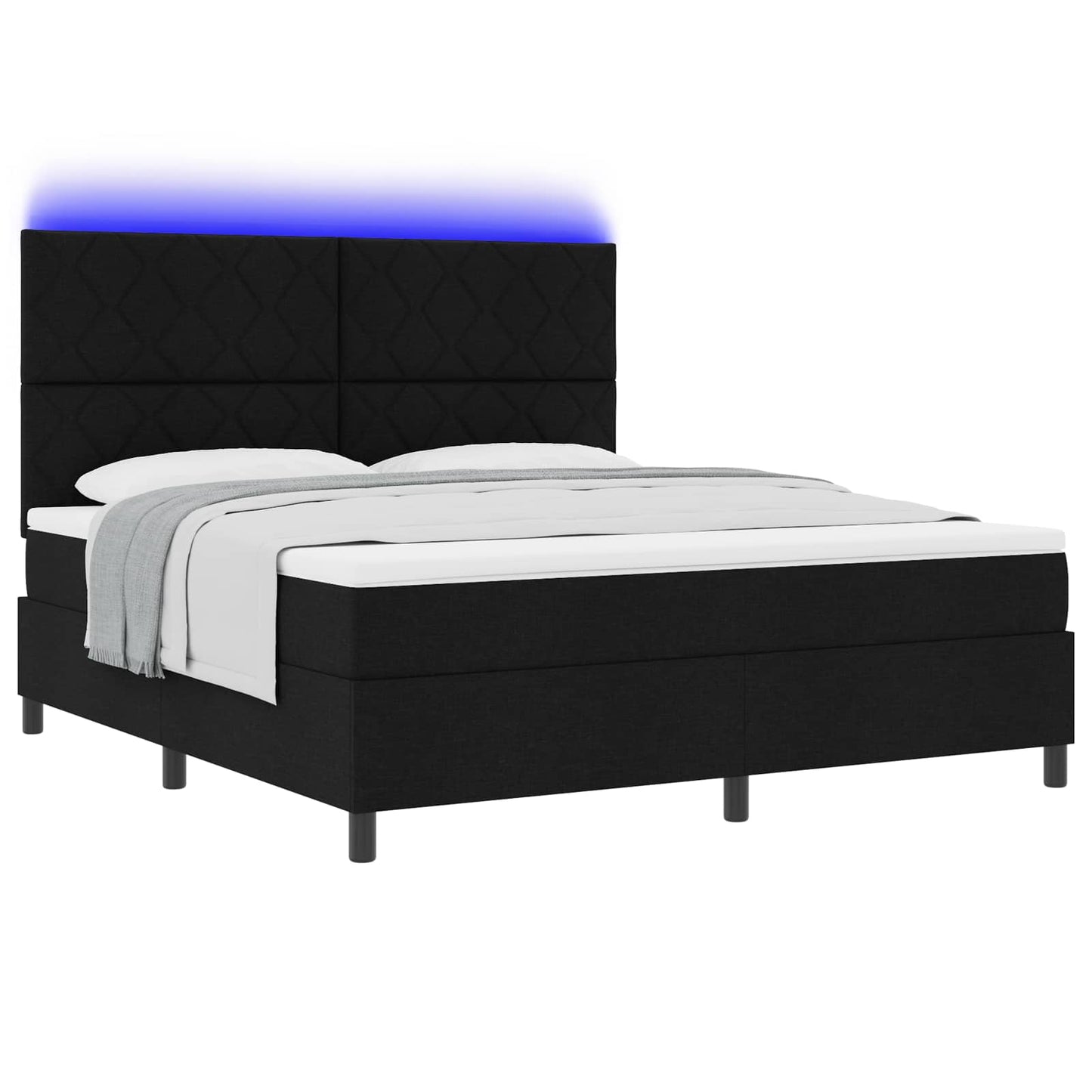 Boxrugós ágy LED szalagokkal Fekete 180 x 200 cm szövet