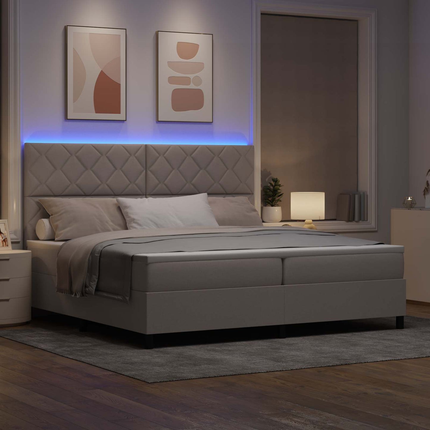 Boxrugós ágy LED szalagokkal Tópszínű 200 x 200 cm szövet