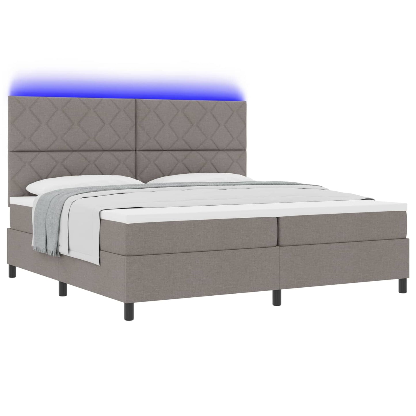 Boxrugós ágy LED szalagokkal Tópszínű 200 x 200 cm szövet