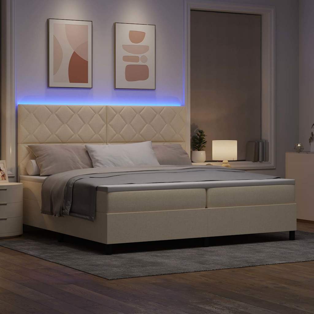 Boxrugós ágy LED szalagokkal Krém 200 x 200 cm szövet