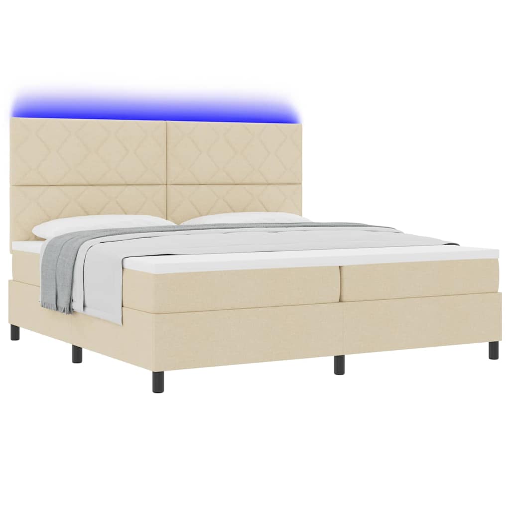 Boxrugós ágy LED szalagokkal Krém 200 x 200 cm szövet