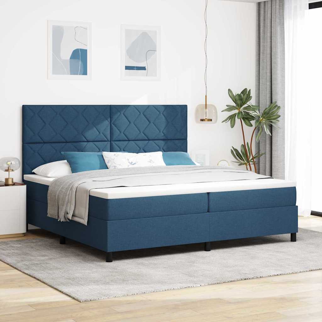 Boxrugós ágy LED szalagokkal Kék 200 x 200 cm szövet