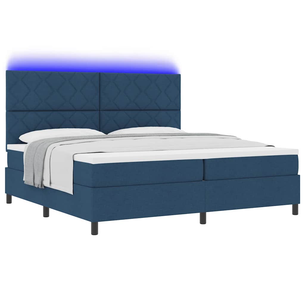Boxrugós ágy LED szalagokkal Kék 200 x 200 cm szövet