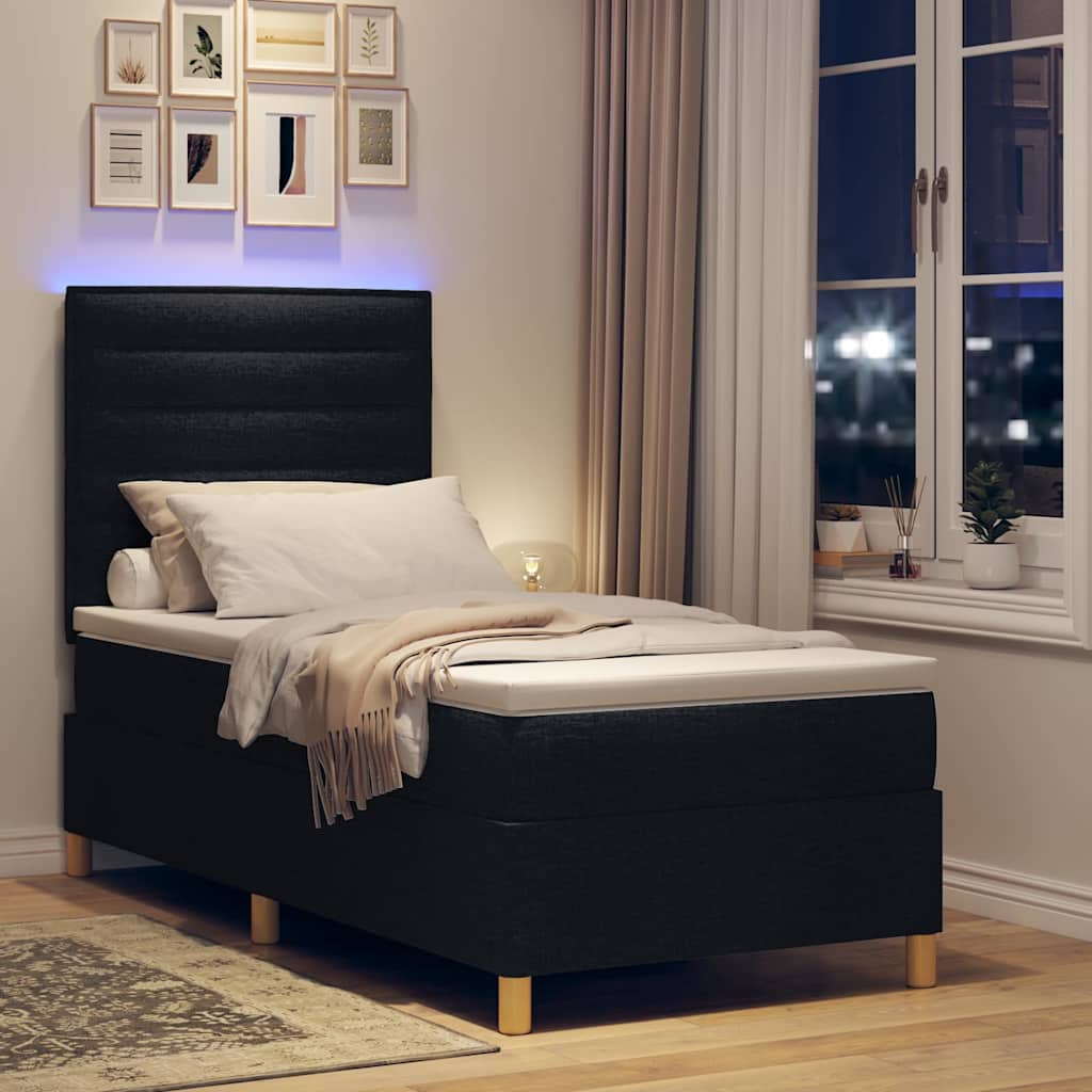 LED Box Spring Ágy matracmal Fekete 90 x 200 cm szövet