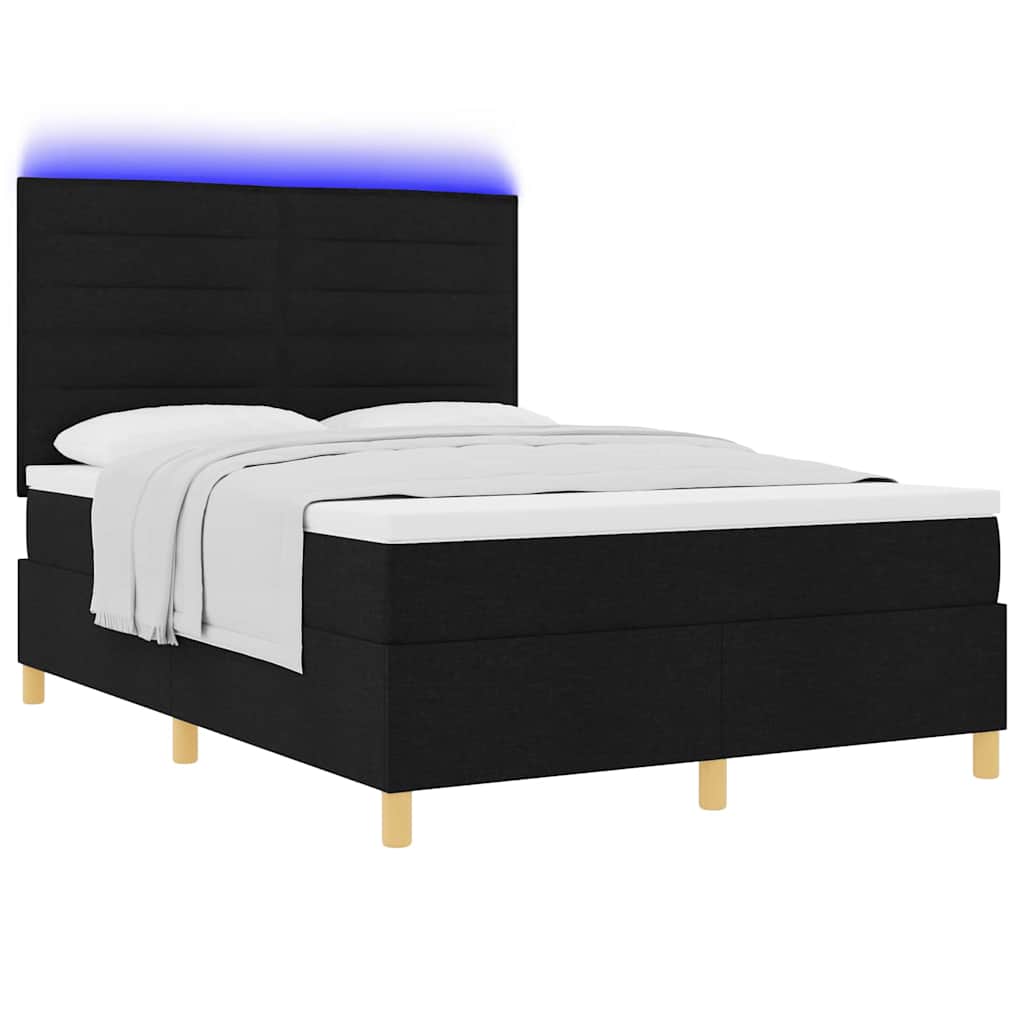 LED Box Spring Ágy matracmal Fekete 140 x 190 cm szövet