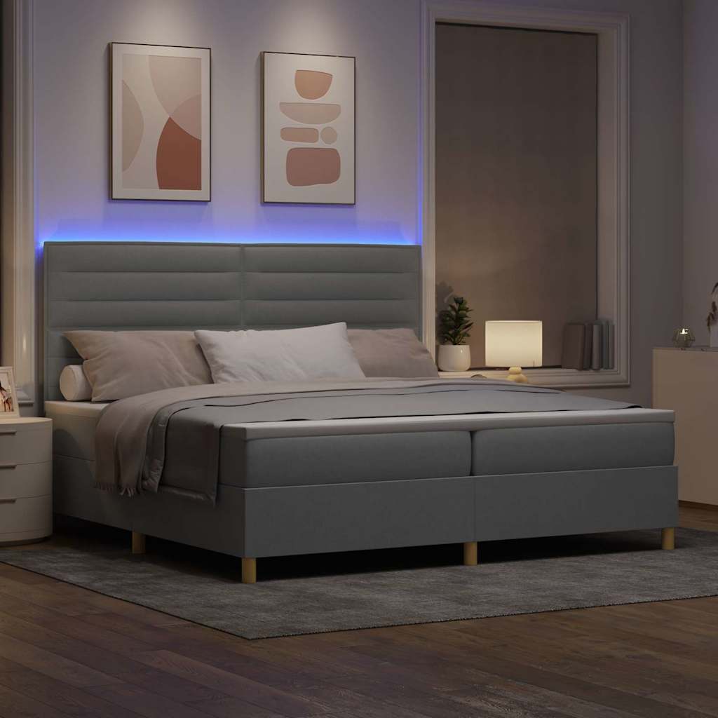 LED Box Spring Ágy matracmal Világosszürke 200 x 200 cm szövet