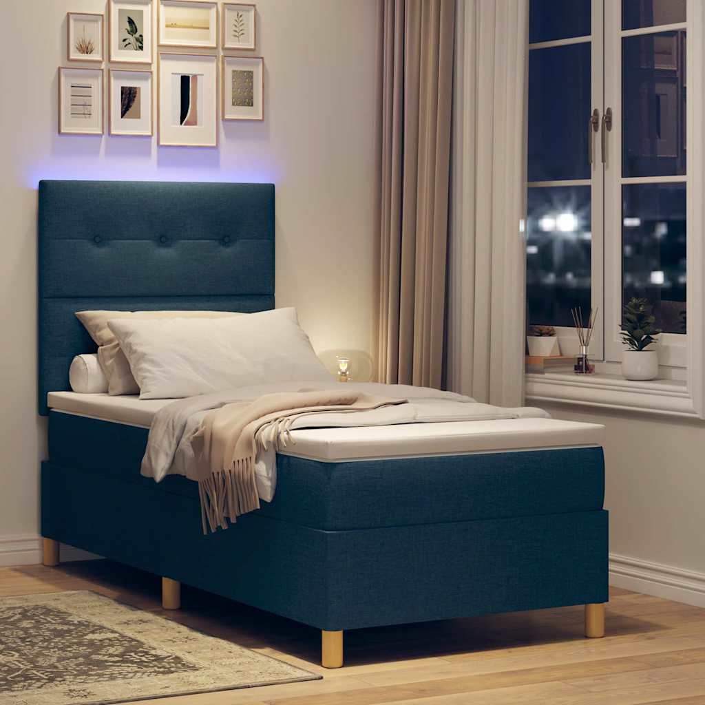 LED Box Spring Ágy fejtámlával Kék 90 x 190 cm szövet