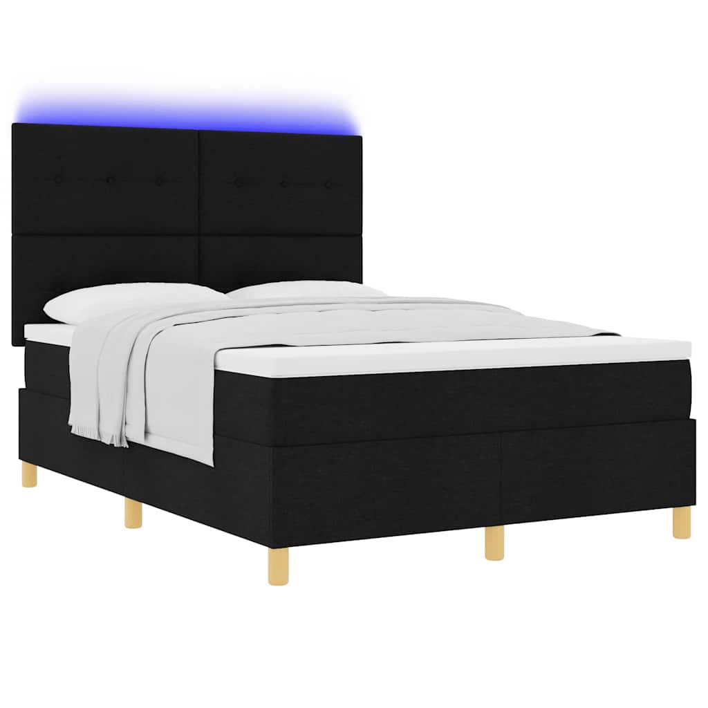 LED Box Spring Ágy fejtámlával Fekete 140 x 200 cm szövet
