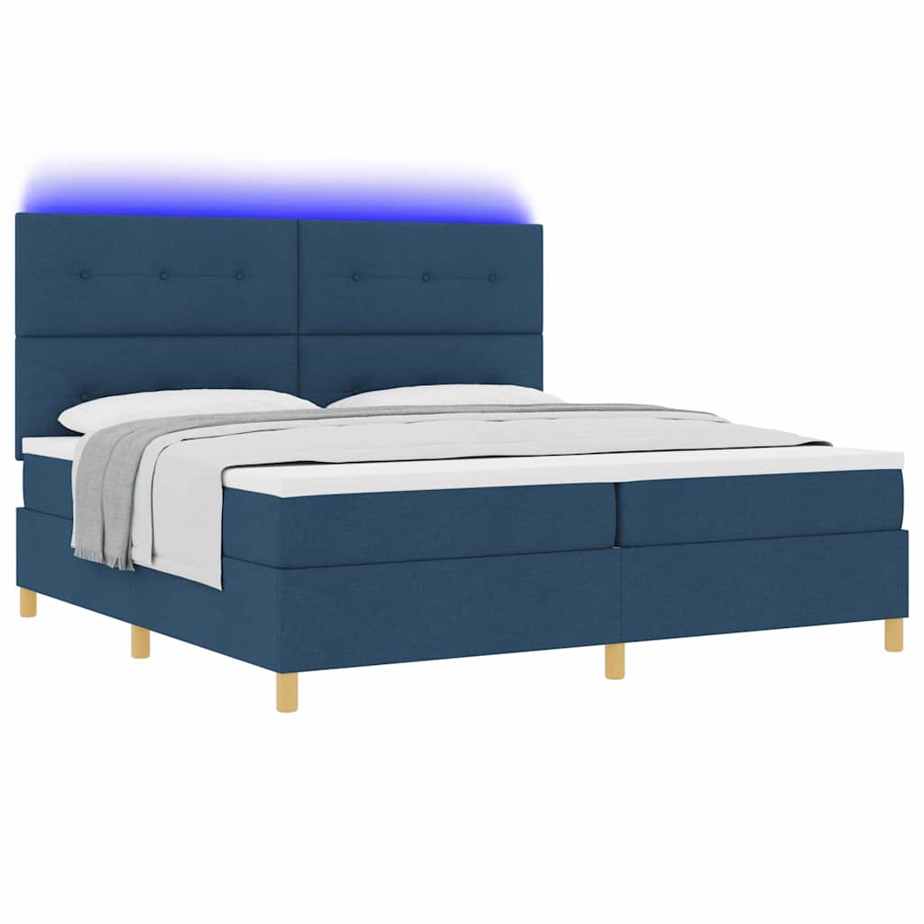 LED Box Spring Ágy fejtámlával Kék 200 x 200 cm szövet