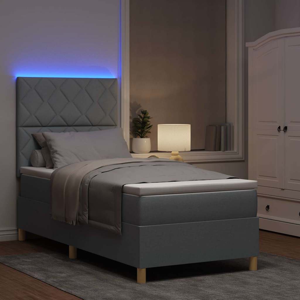 LED Box Spring Ágy fejtámlával Világosszürke 90 x 190 cm szövet