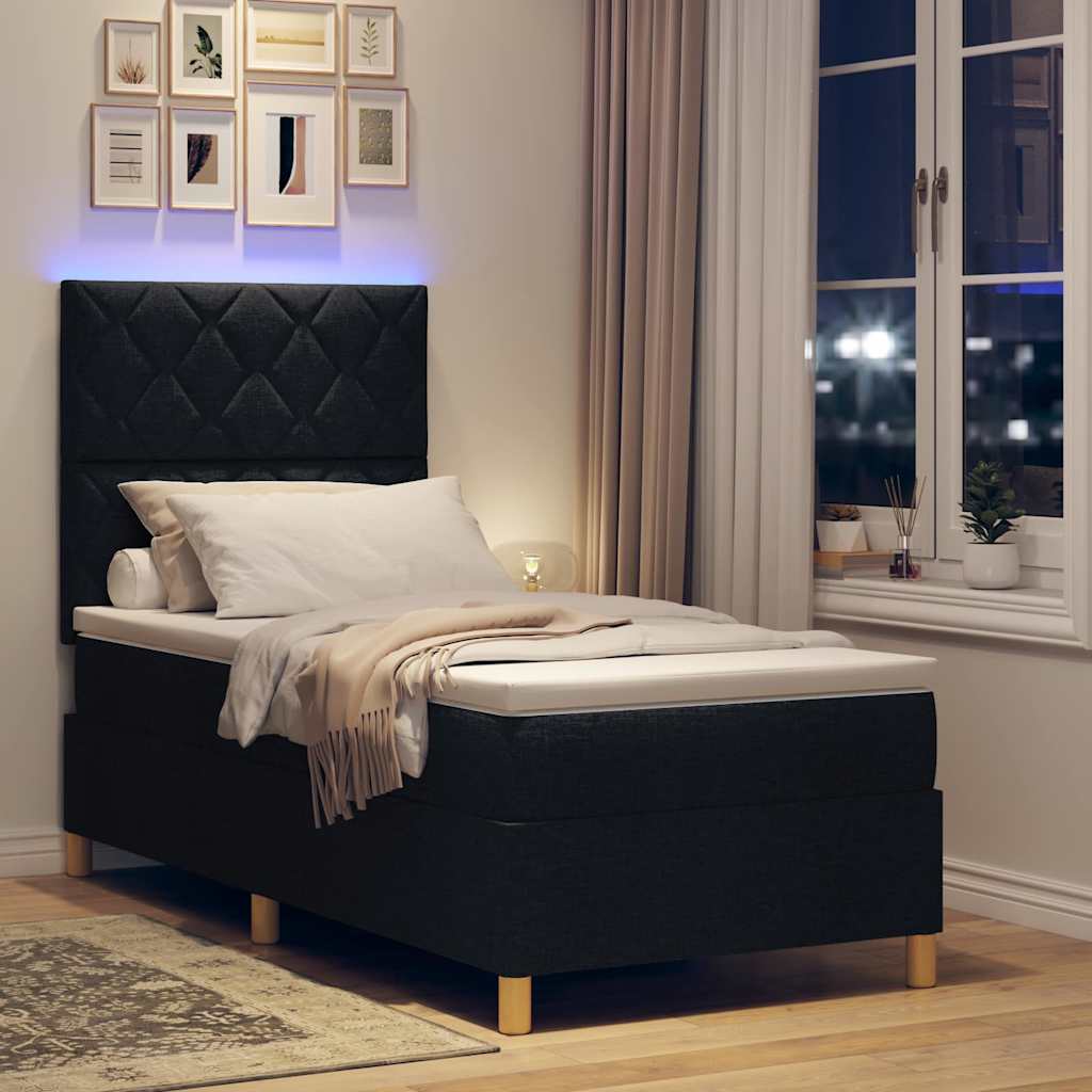 LED Box Spring Ágy fejtámlával Fekete 90 x 190 cm szövet