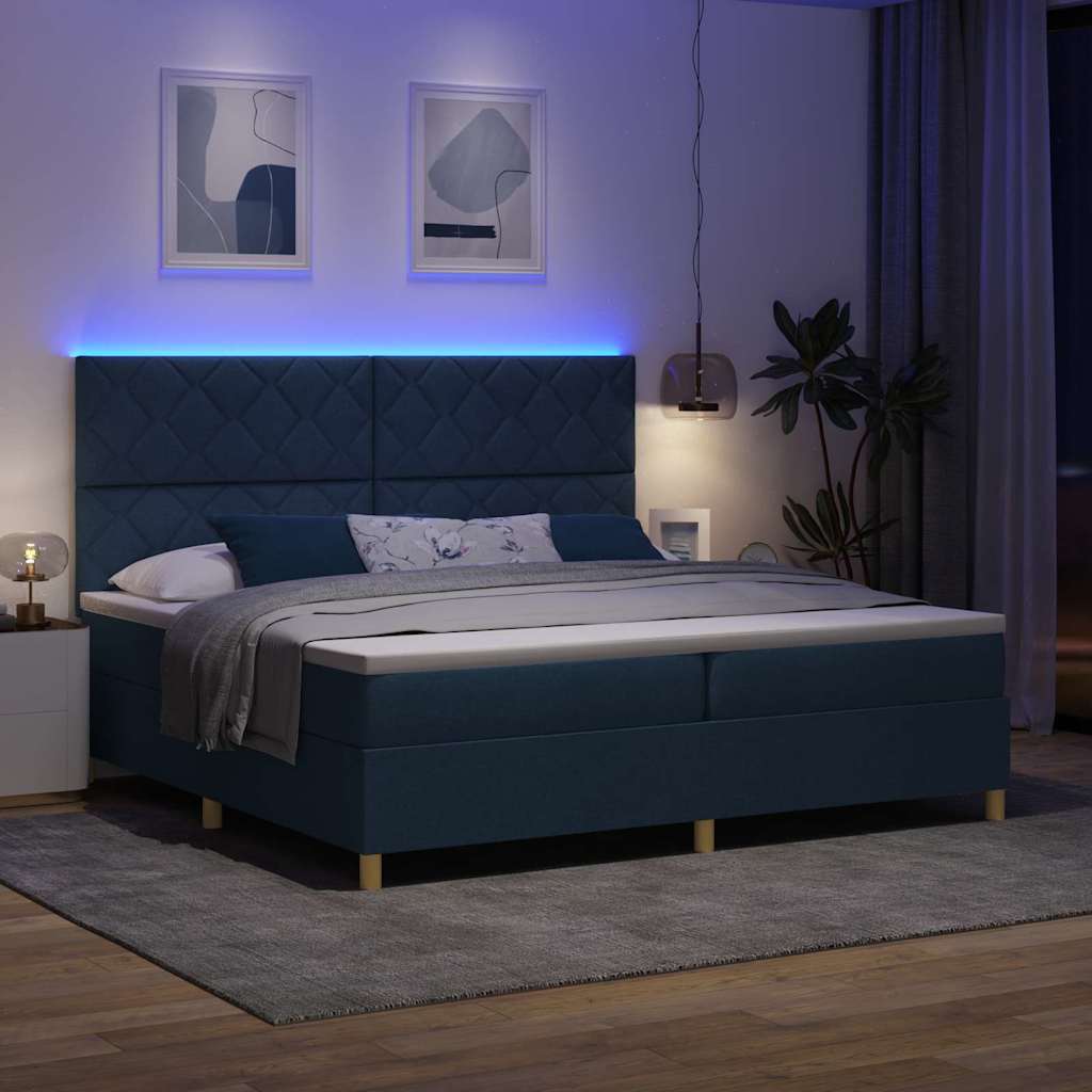 LED Box Spring Ágy fejtámlával Kék 200 x 200 cm szövet
