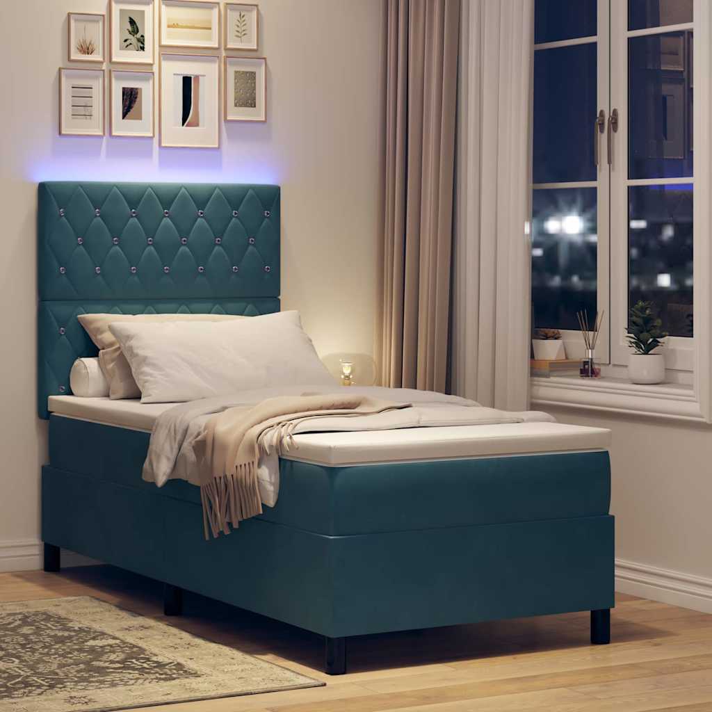 LED Box Spring Ágy matracmal Sötét kék 90 x 190 cm Bársony