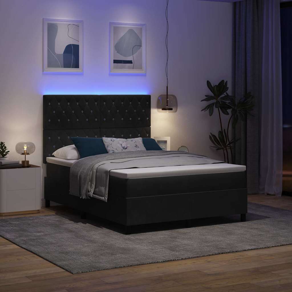 LED Box Spring Ágy matracmal Fekete 140 x 190 cm Bársony