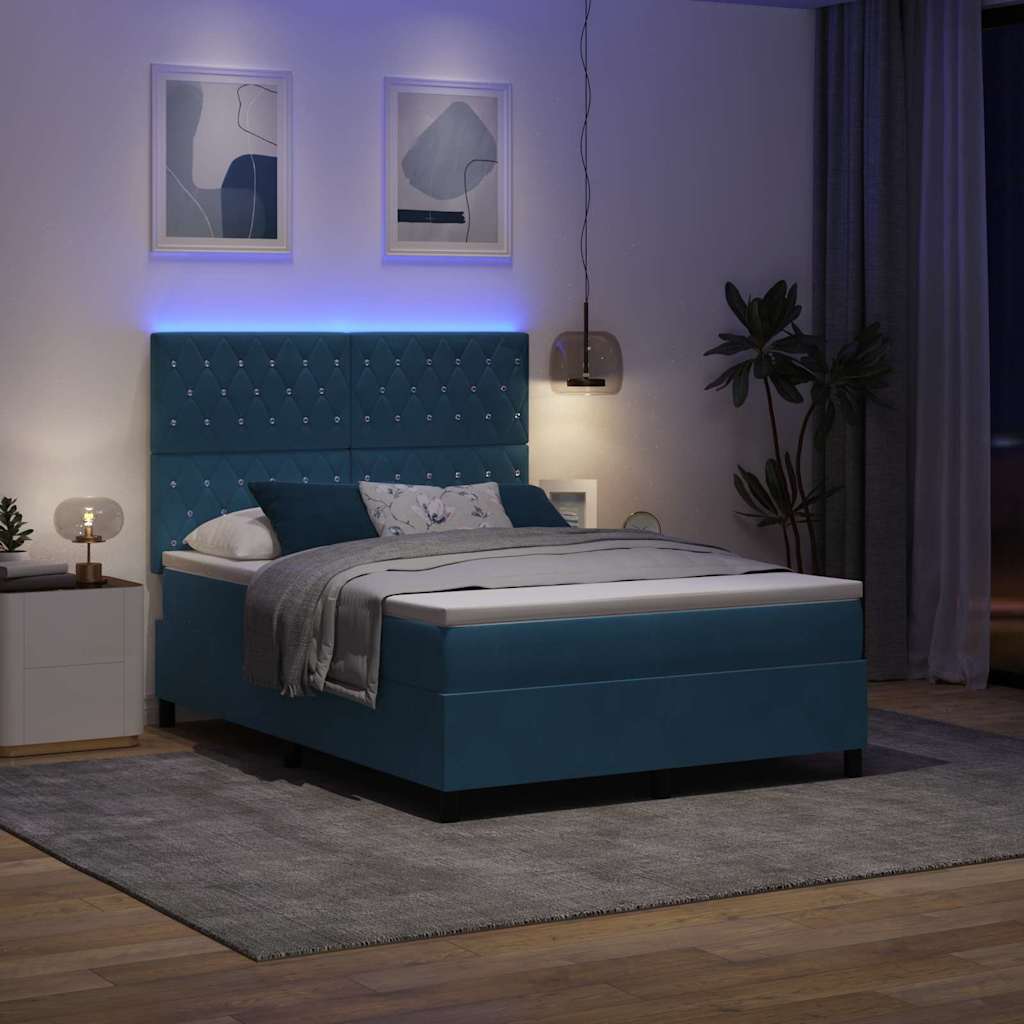 LED Box Spring Ágy matracmal Sötét kék 140 x 190 cm Bársony