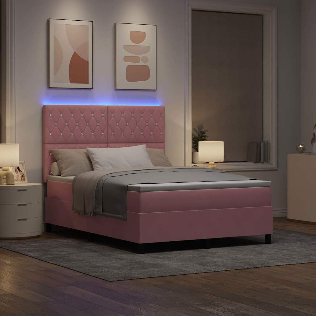 LED Box Spring Ágy matracmal Rózsaszín 140 x 190 cm Bársony