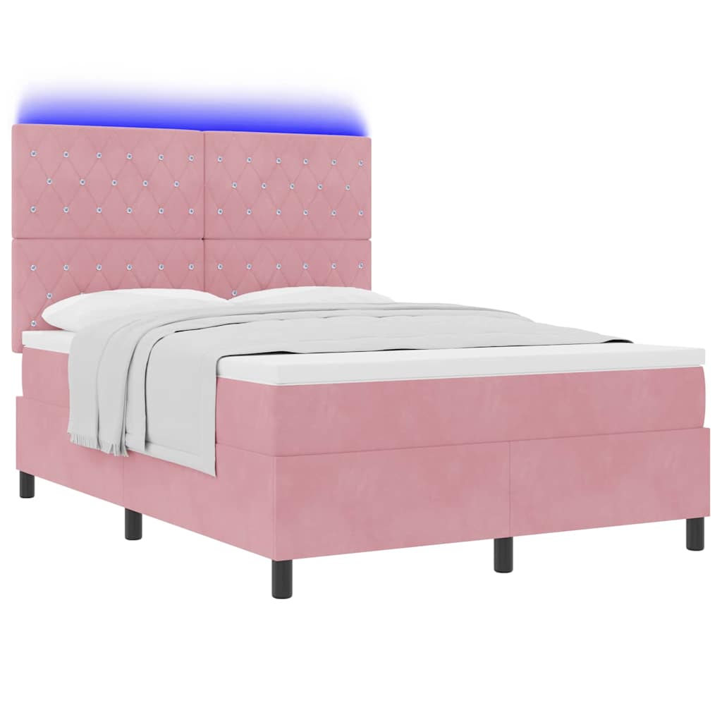LED Box Spring Ágy matracmal Rózsaszín 140 x 190 cm Bársony