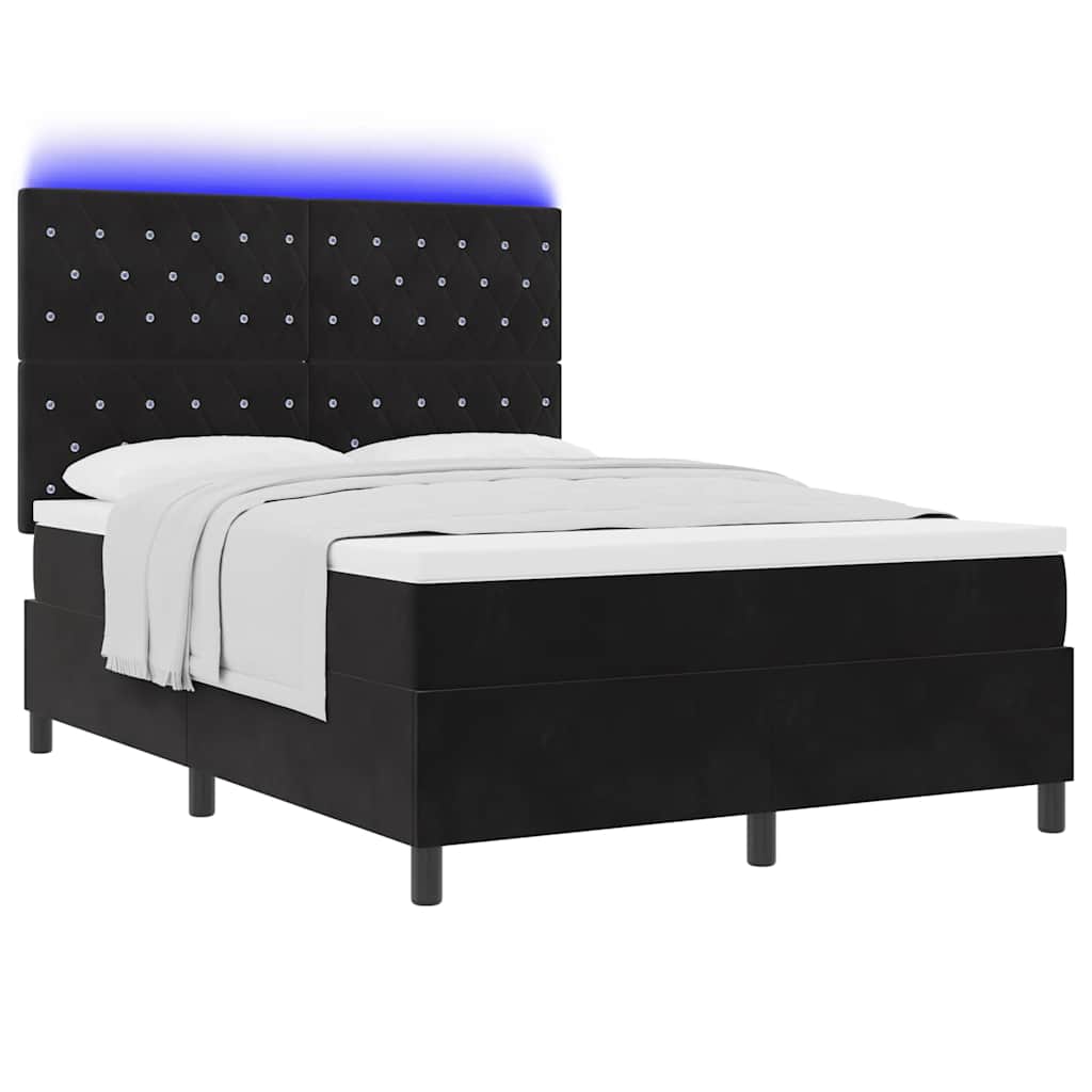 LED Box Spring Ágy matracmal Fekete 140 x 200 cm Bársony