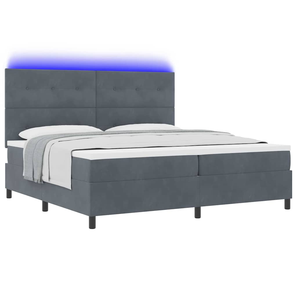 LED Box Spring Ágy fejtámlával Sötétszürke 200 x 200 cm Bársony