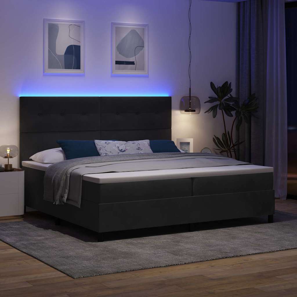 LED Box Spring Ágy fejtámlával Fekete 200 x 200 cm Bársony