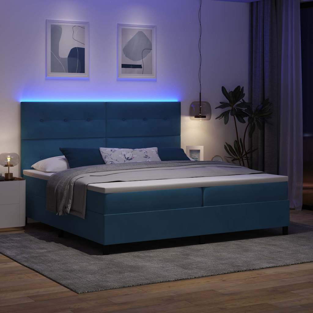 LED Box Spring Ágy fejtámlával Sötét kék 200 x 200 cm Bársony