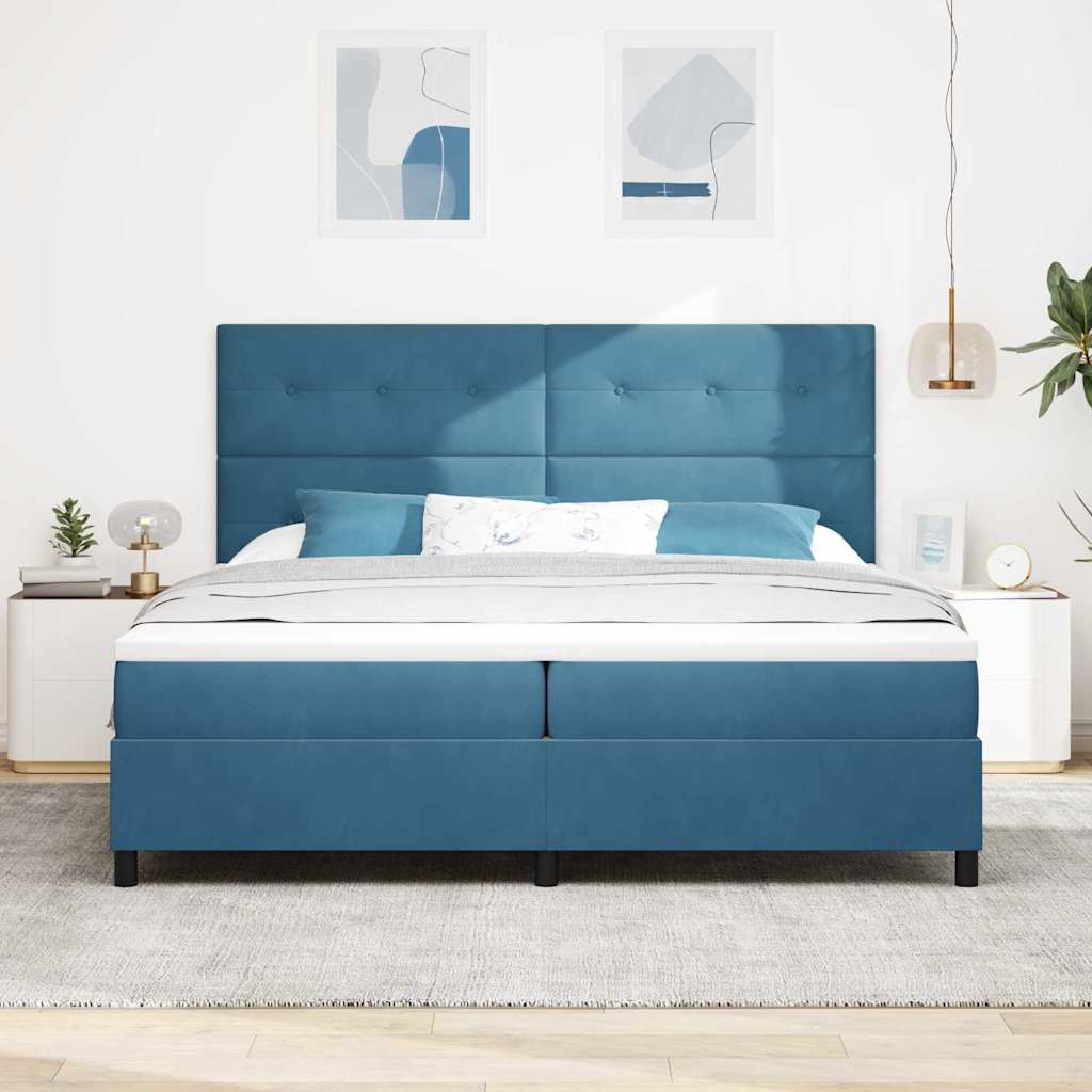 LED Box Spring Ágy fejtámlával Sötét kék 200 x 200 cm Bársony