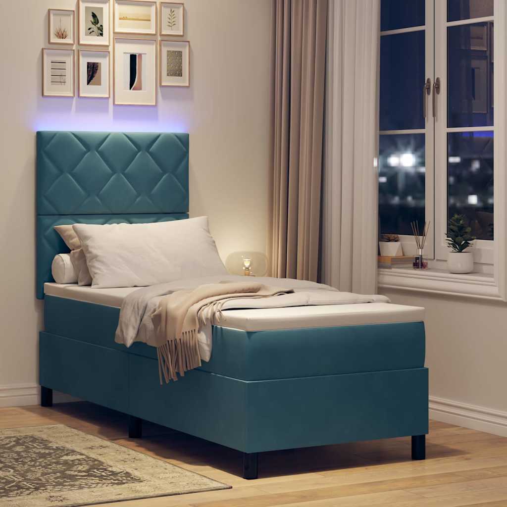 LED Box Spring Ágy fejtámlával Sötét kék 80 x 200 cm Bársony