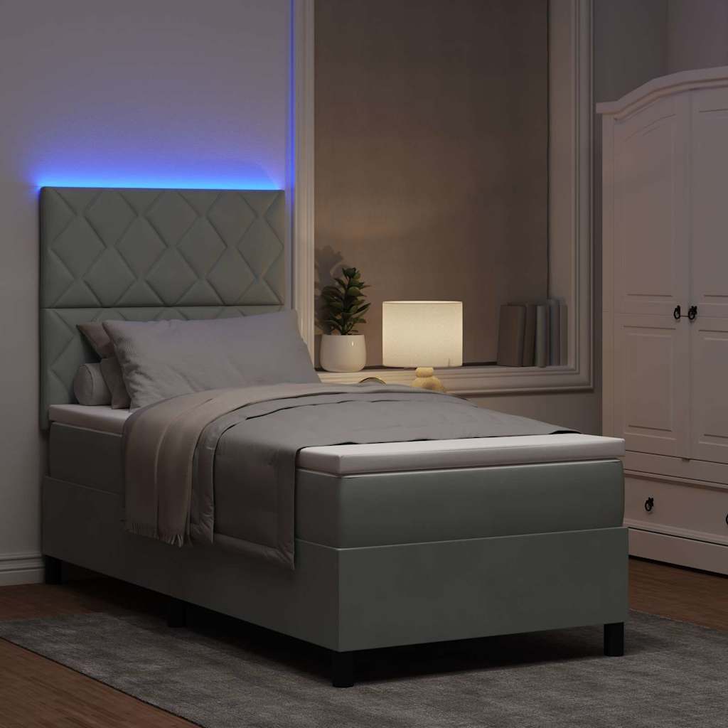 LED Box Spring Ágy Világosszürke 90 x 190 cm Bársony
