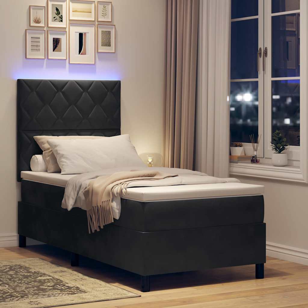 LED Box Spring Ágy fejtámlával Fekete 90 x 190 cm Bársony